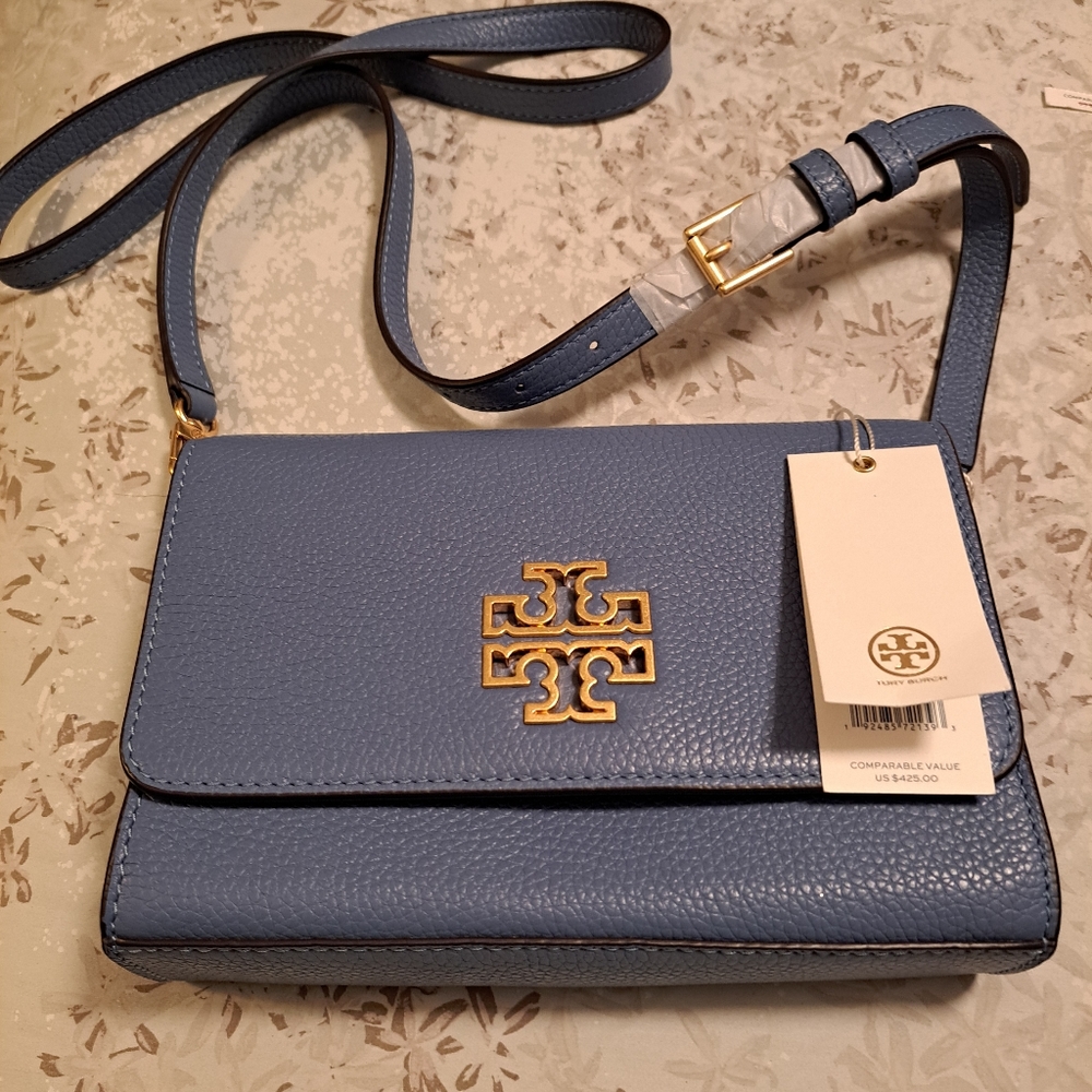 Tory Burch NWT Britten crossbody,    clutch Bluewood pebbled leather